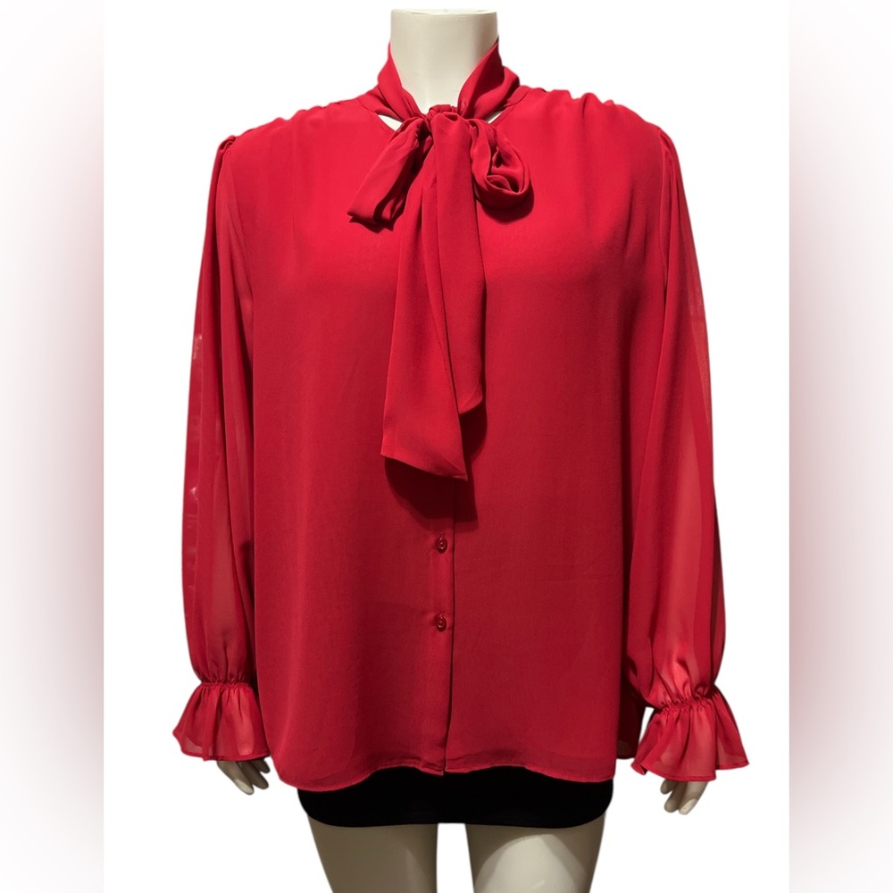 NWT Alex Marie Size XXL Woven Abigail Red Bow Neck Tie Long Sleeves Blouse